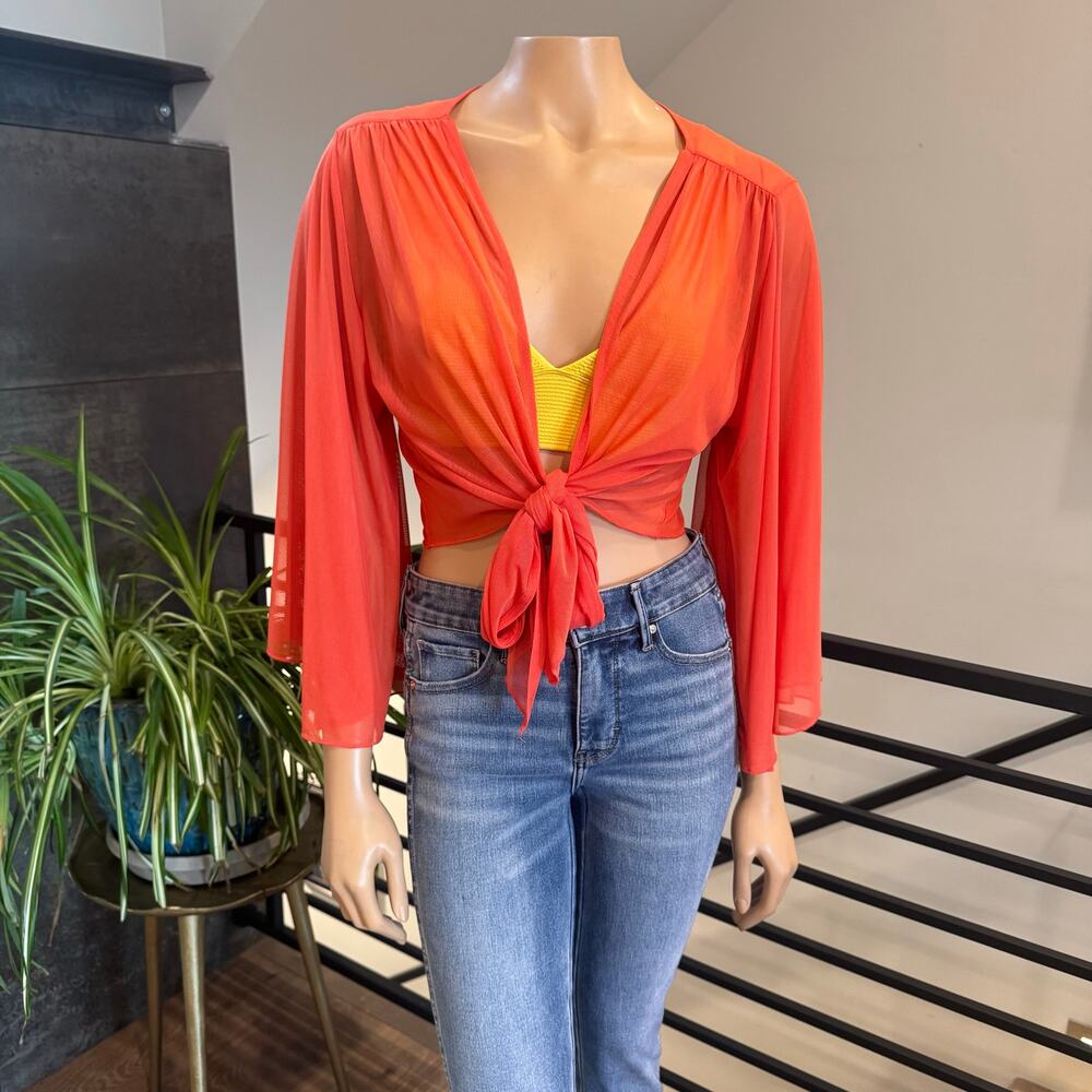 Willow & Root Coral Orange Mesh Tie Front Crop Top Bell Sleeve Large Boho